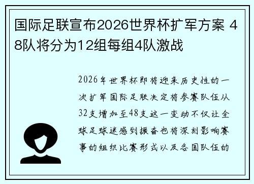 国际足联宣布2026世界杯扩军方案 48队将分为12组每组4队激战